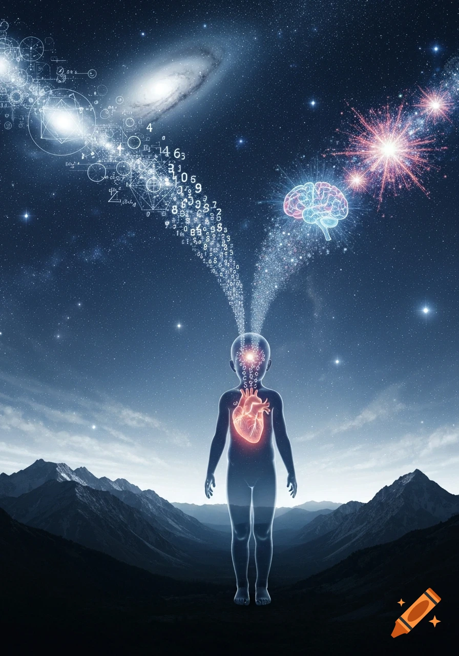 A translucent child stands amidst mountains under a starry sky with a glowing heart. Streams of numbers and geometric shapes flow from a galaxy into the child's head, while a glowing brain and cosmic explosions emanate from the right.