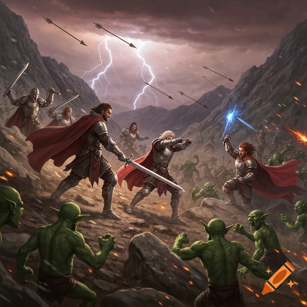 Detailed fantasy art of armored warriors fighting green goblins on a rocky battlefield with lightning and arrows.