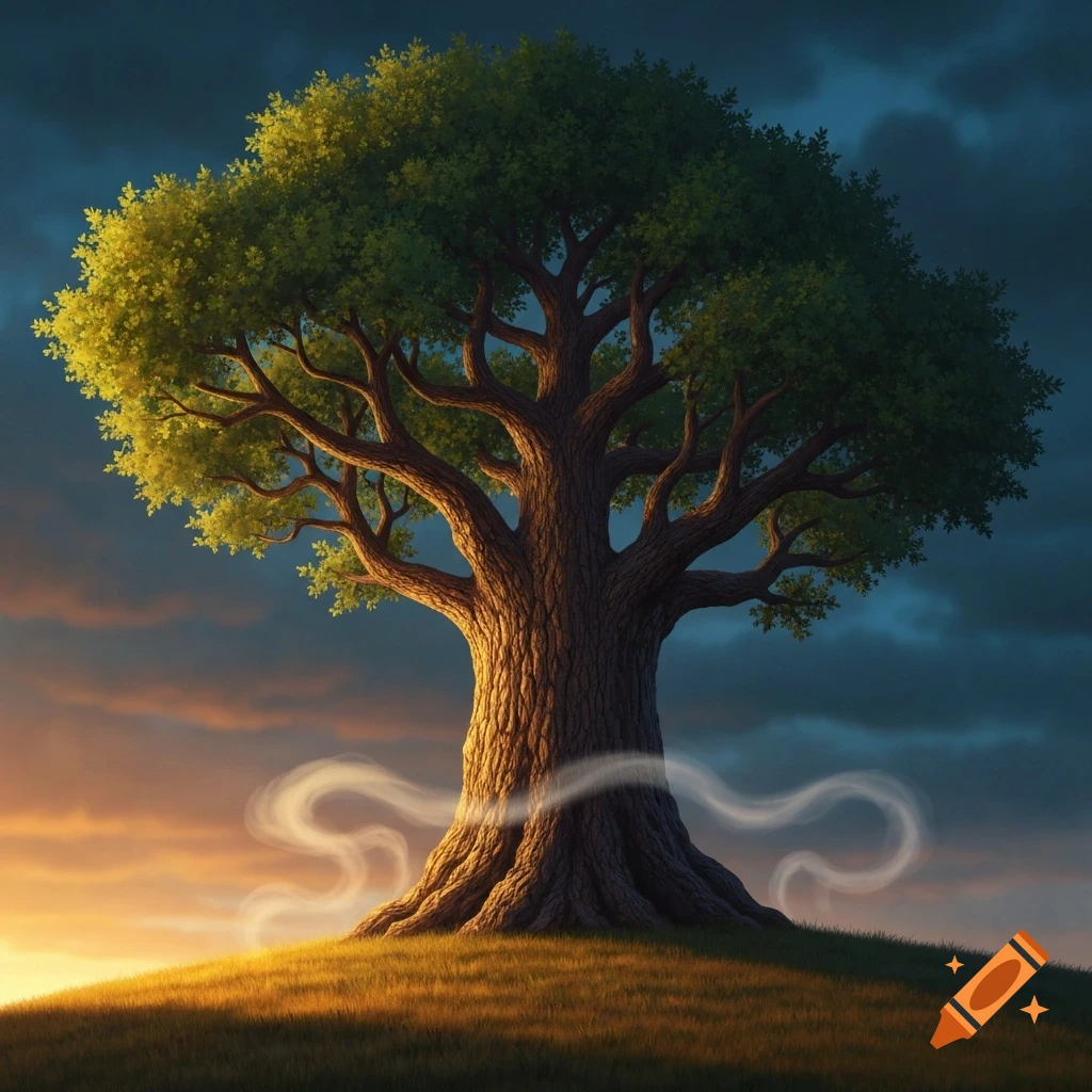A majestic, leafy tree on a grassy hill, illuminated by a golden sunset against a dramatic dark sky, with swirling mist at its base.