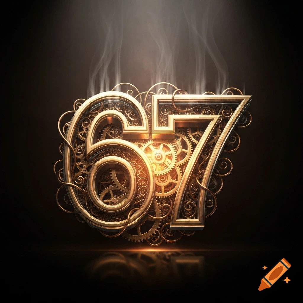 Steampunk-style golden numbers '67' with gears, filigree, and wisps of smoke on a dark background.