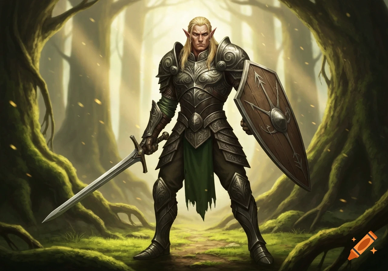 A blonde male wood elf warrior in ornate plate armor stands in a sun-dappled forest, holding a sword and shield.