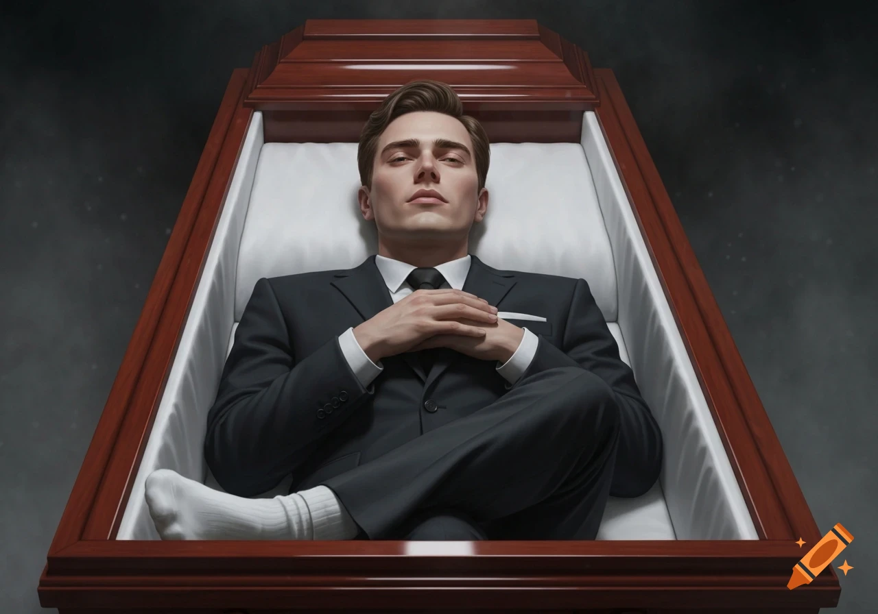 Ultra realistic portrait of a young man in a suit, lying peacefully in a wooden coffin with folded hands and white socks.