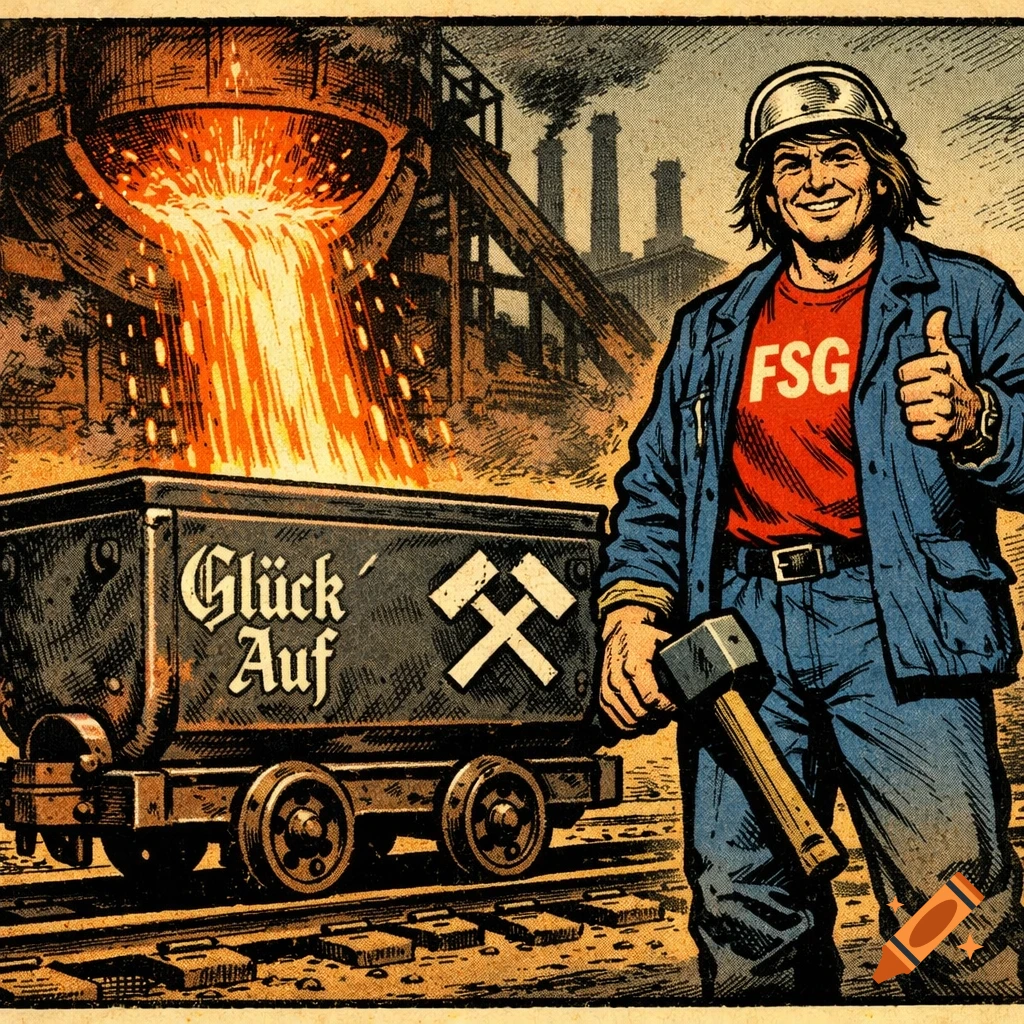 Vintage comic illustration of a smiling worker in a hard hat and blue jacket, giving a thumbs up, with a mining cart labeled 'Glück Auf' and a pouring blast furnace in an industrial setting.