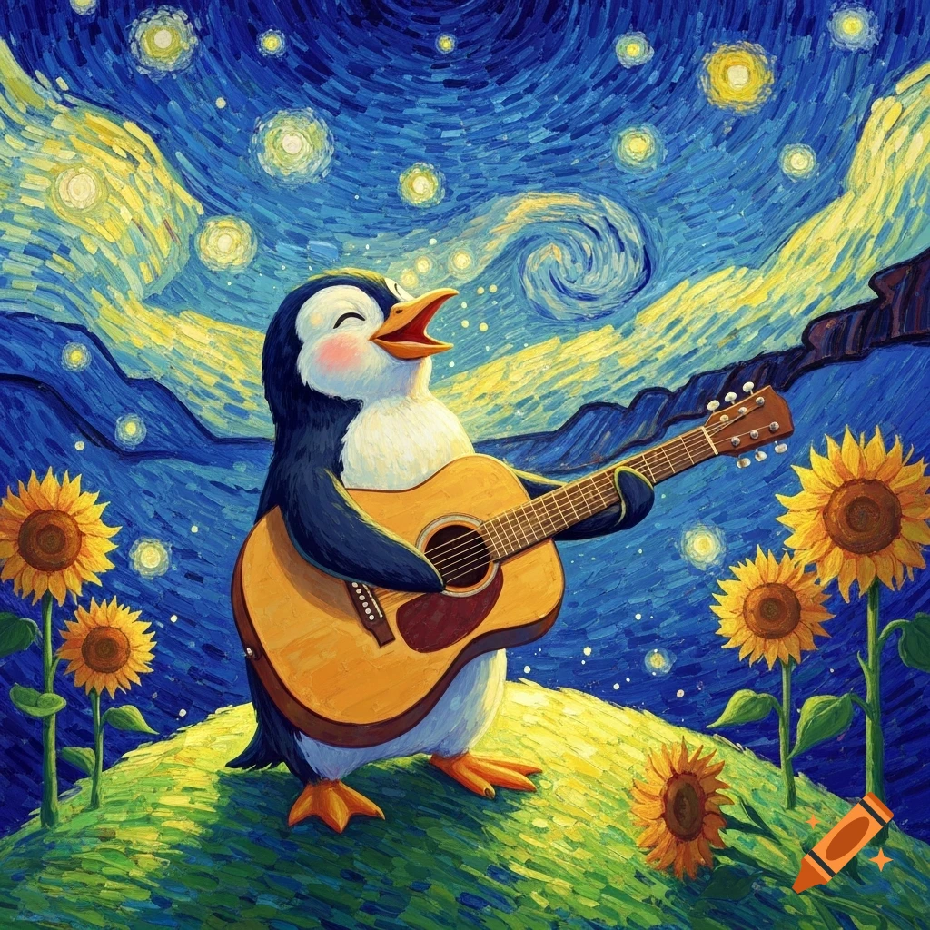 A happy penguin plays an acoustic guitar on a grassy hill surrounded by sunflowers under a starry Van Gogh-style sky.
