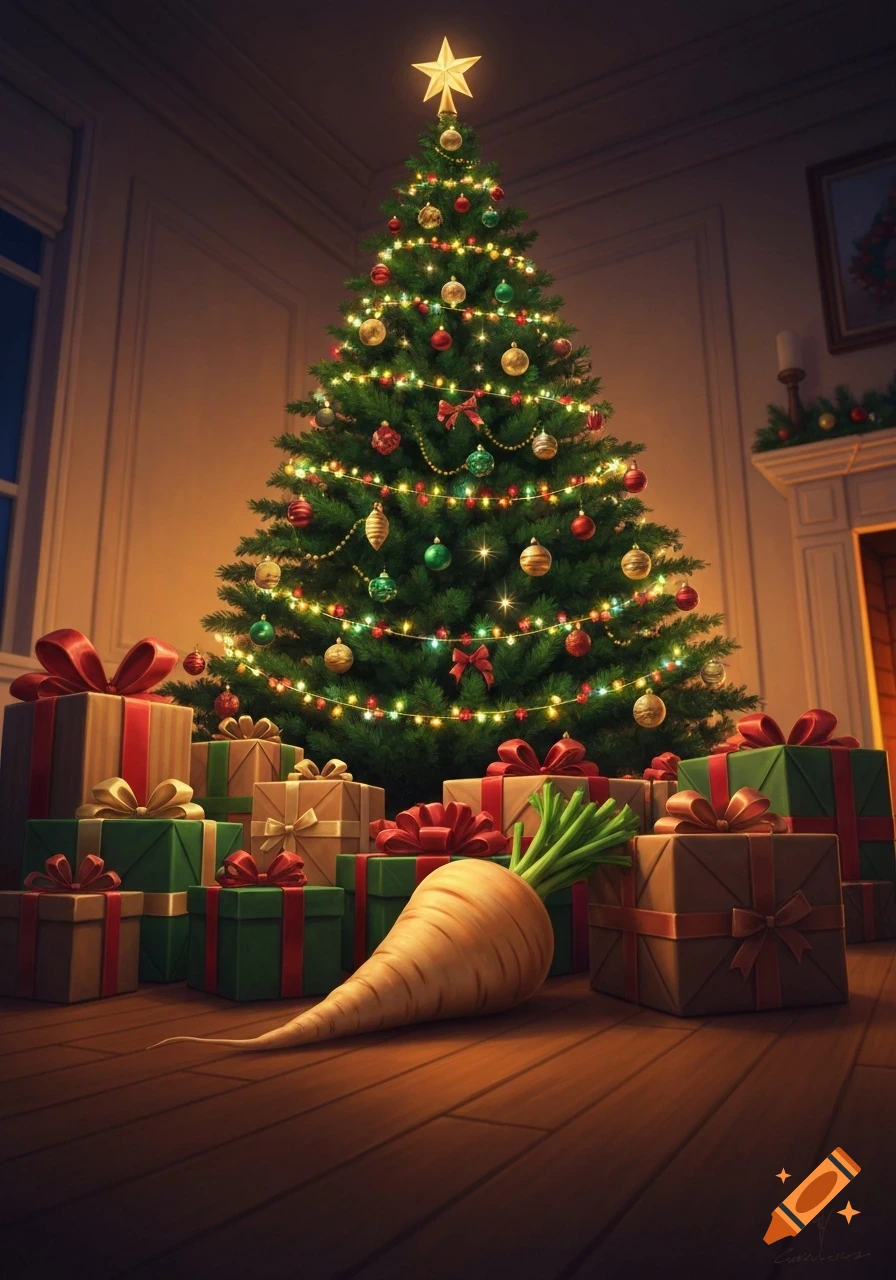 A festive Christmas tree adorned with lights and ornaments, surrounded by wrapped presents, with a large parsnip lying on the wooden floor.