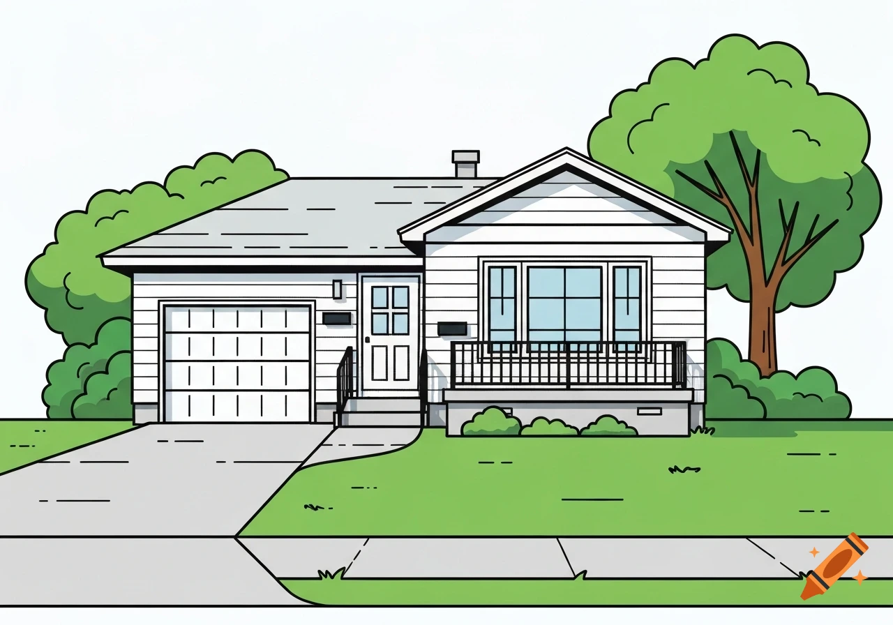 A colorful cartoon line art illustration of a small single-story suburban house with a driveway, green lawn, and trees.