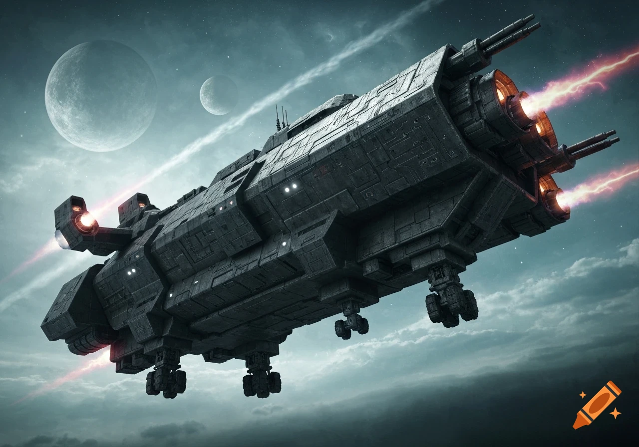 A large, dark gray futuristic military dropship with glowing red engines flies through space, with two moons in the background.