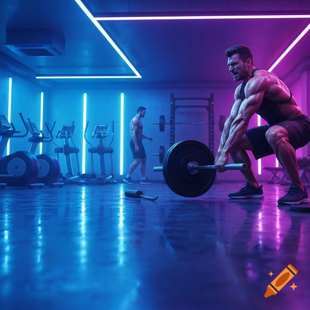 A muscular man deadlifts a barbell in a modern gym with blue and pink neon lights. Another man walks in the background.
