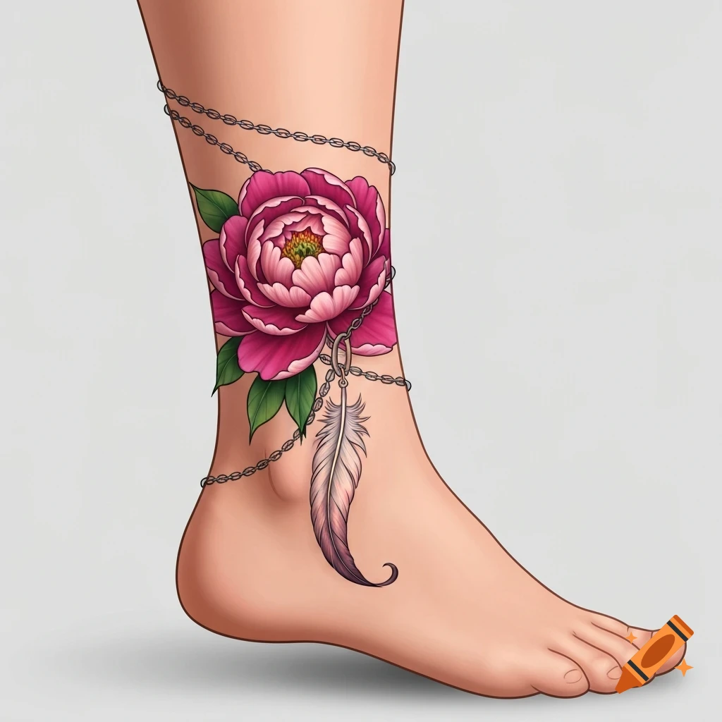 A detailed color tattoo of a pink peony flower, a feather, and chains wrapped around an ankle.
