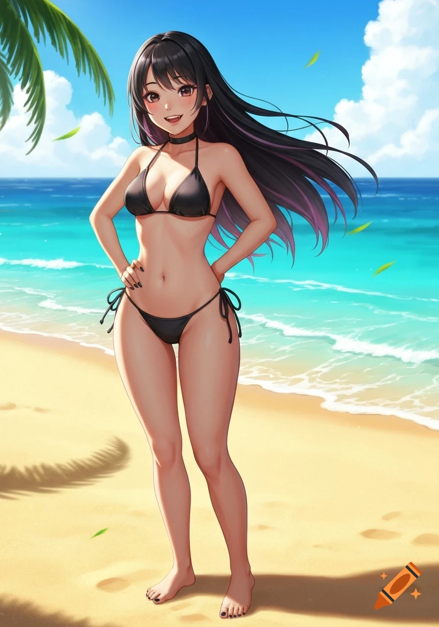 Anime woman with long black hair, wearing a black bikini, standing on a sunny beach with the ocean and a palm tree in the background.