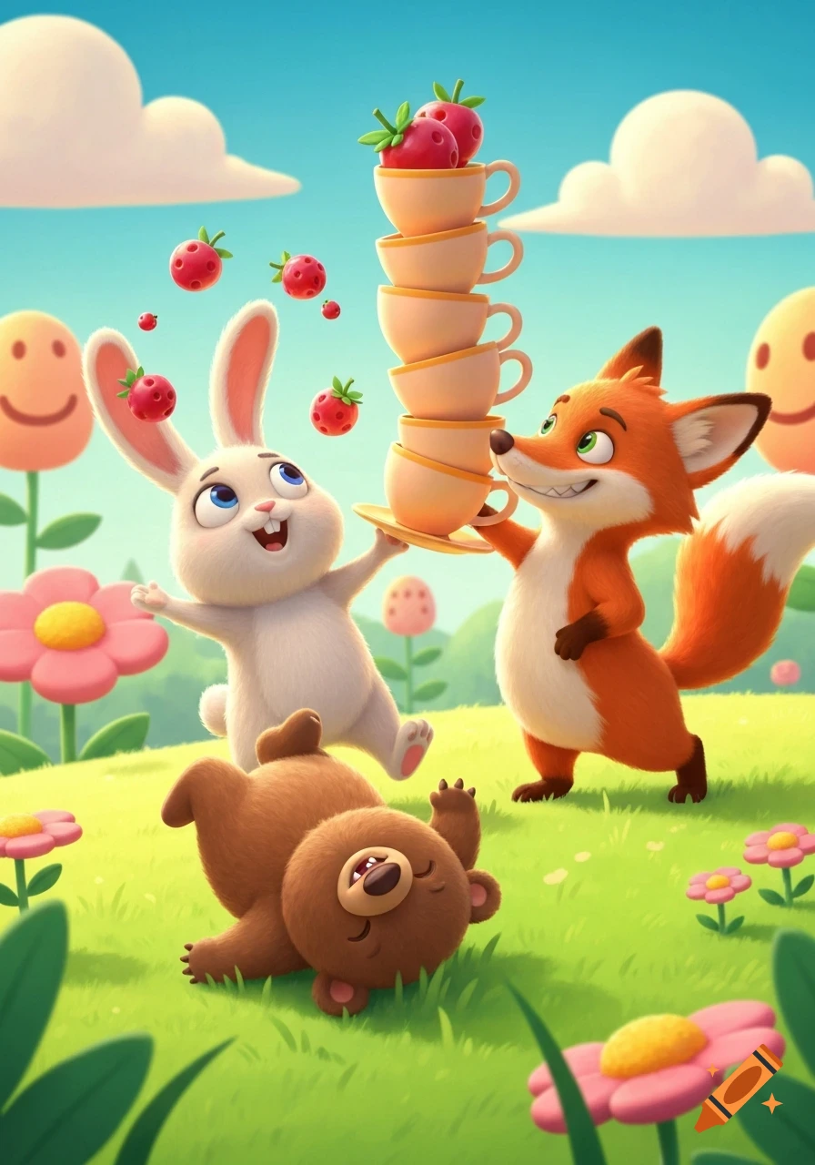 A whimsical cartoon shows a white bunny and an orange fox balancing a stack of teacups and strawberries, while a brown bear lies playfully on its back in a vibrant green field with colorful flowers.
