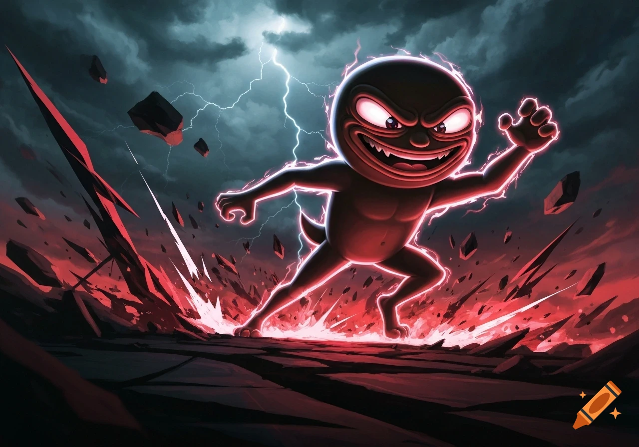 A stylized, angry creature resembling a monstrous Pepe with glowing red eyes and body runs through a stormy, destructive landscape with lightning.