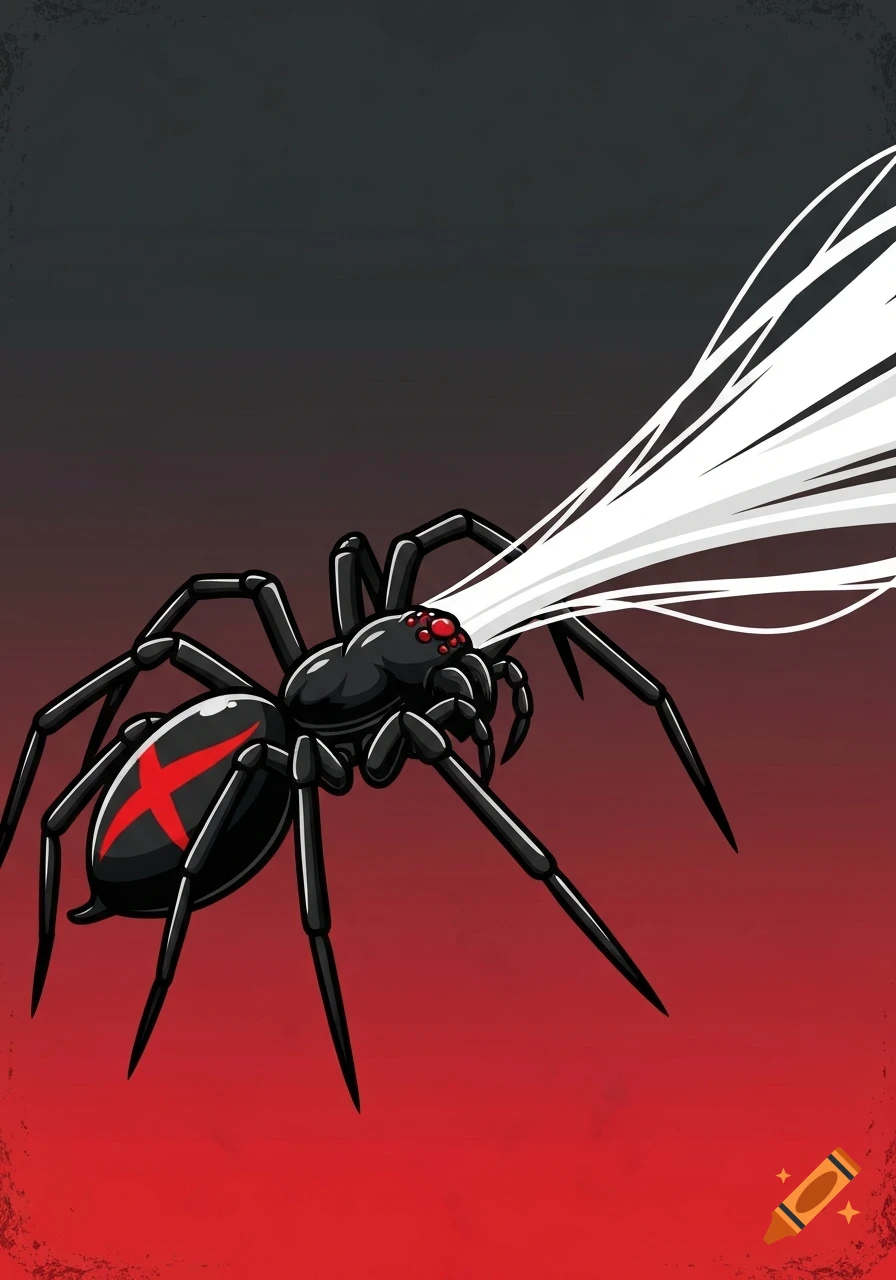 Stylized black spider with a red X on its abdomen shoots white web from its eyes against a red and black gradient background.
