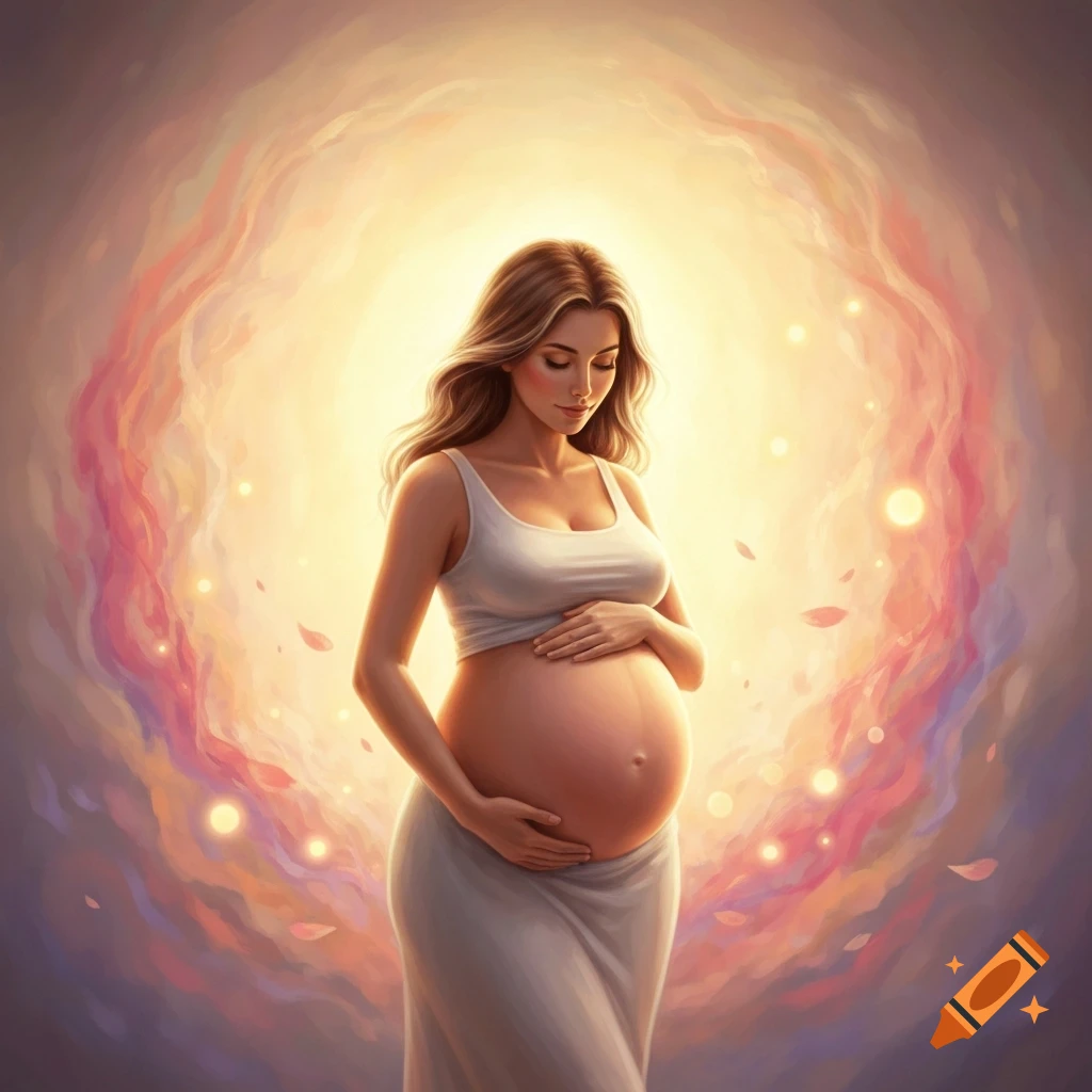 Serene pregnant woman in white gently holds her belly, surrounded by a glowing, ethereal pastel background.