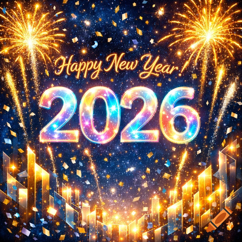 Happy New Year 2026 text with vibrant fireworks, sparkling confetti, and glowing cityscapes against a dark, starry sky.