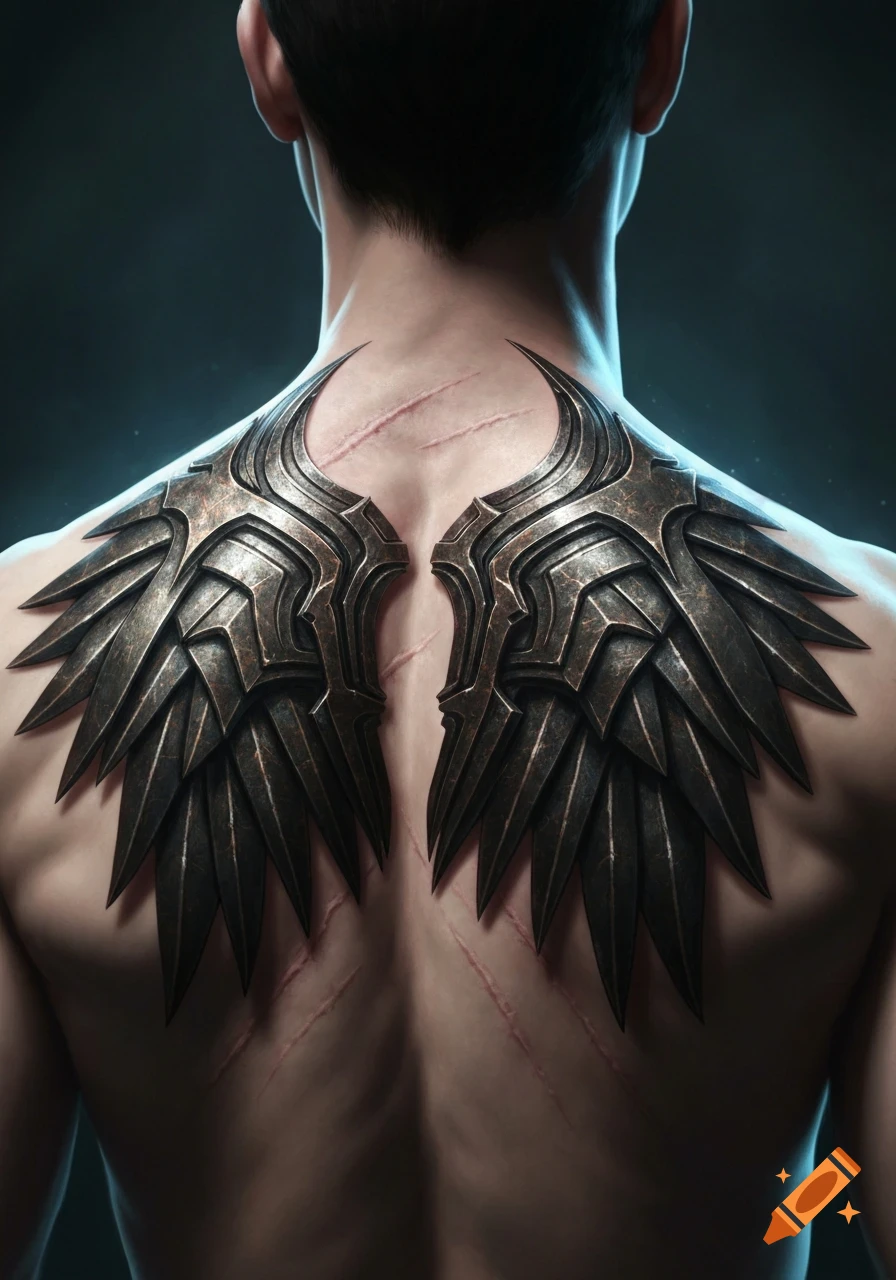 Rear view of a person's bare back with detailed dark metallic wing tattoos and scars, against a dark background.