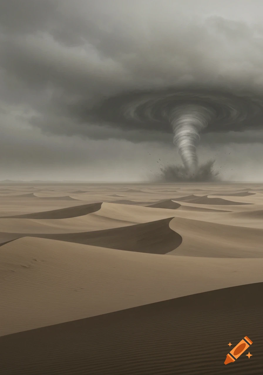 A massive tornado swirls over a vast, barren desert landscape with sand dunes under a dark, cloudy, stormy sky.