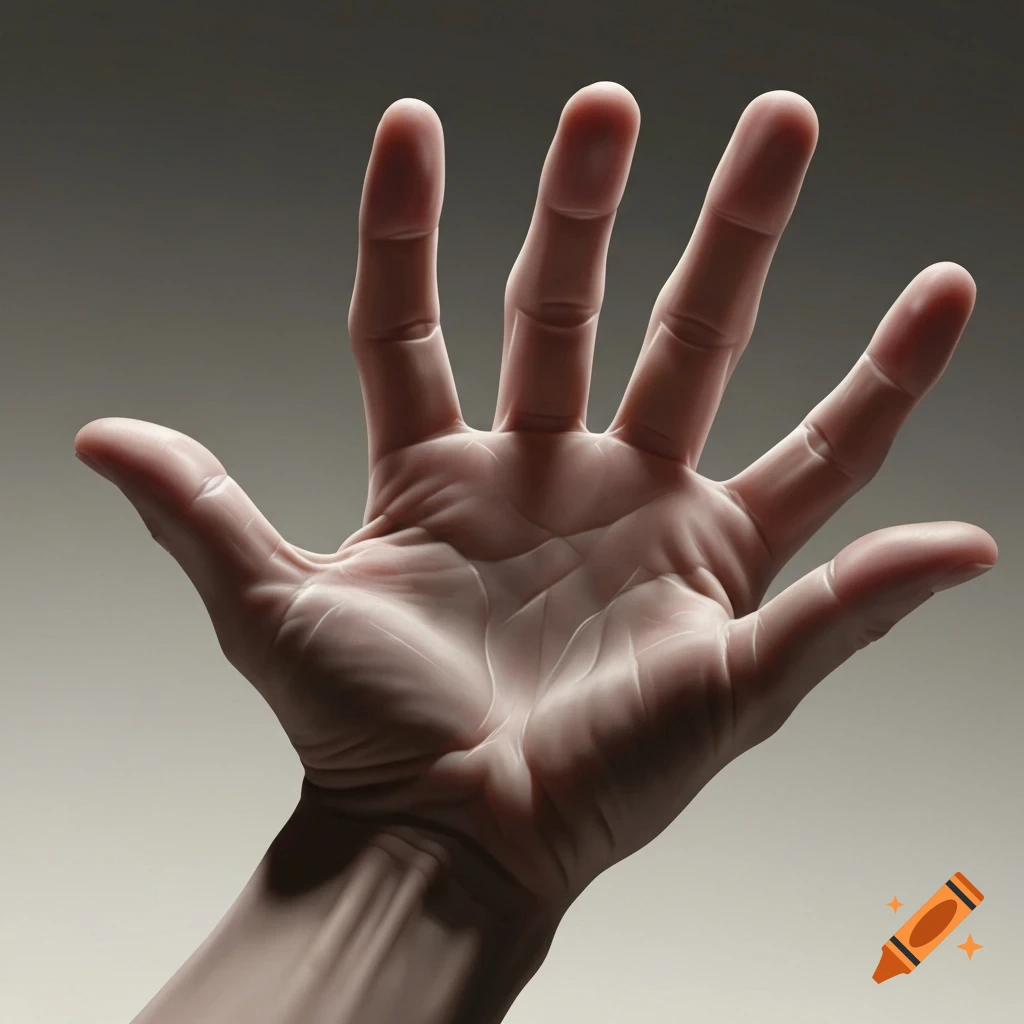 A close-up, photorealistic rendering of an open human hand with fingers spread, against a neutral gray background.