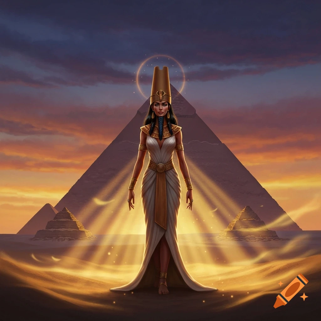 An Egyptian goddess in a white and gold dress with a tall golden headdress stands before pyramids in a desert at sunset, surrounded by golden light rays.
