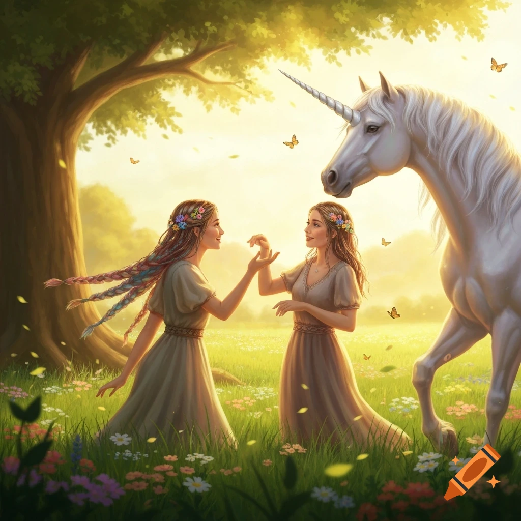 Two women with flower crowns interact with a white unicorn in a sun-drenched, flower-filled meadow beneath a large tree.