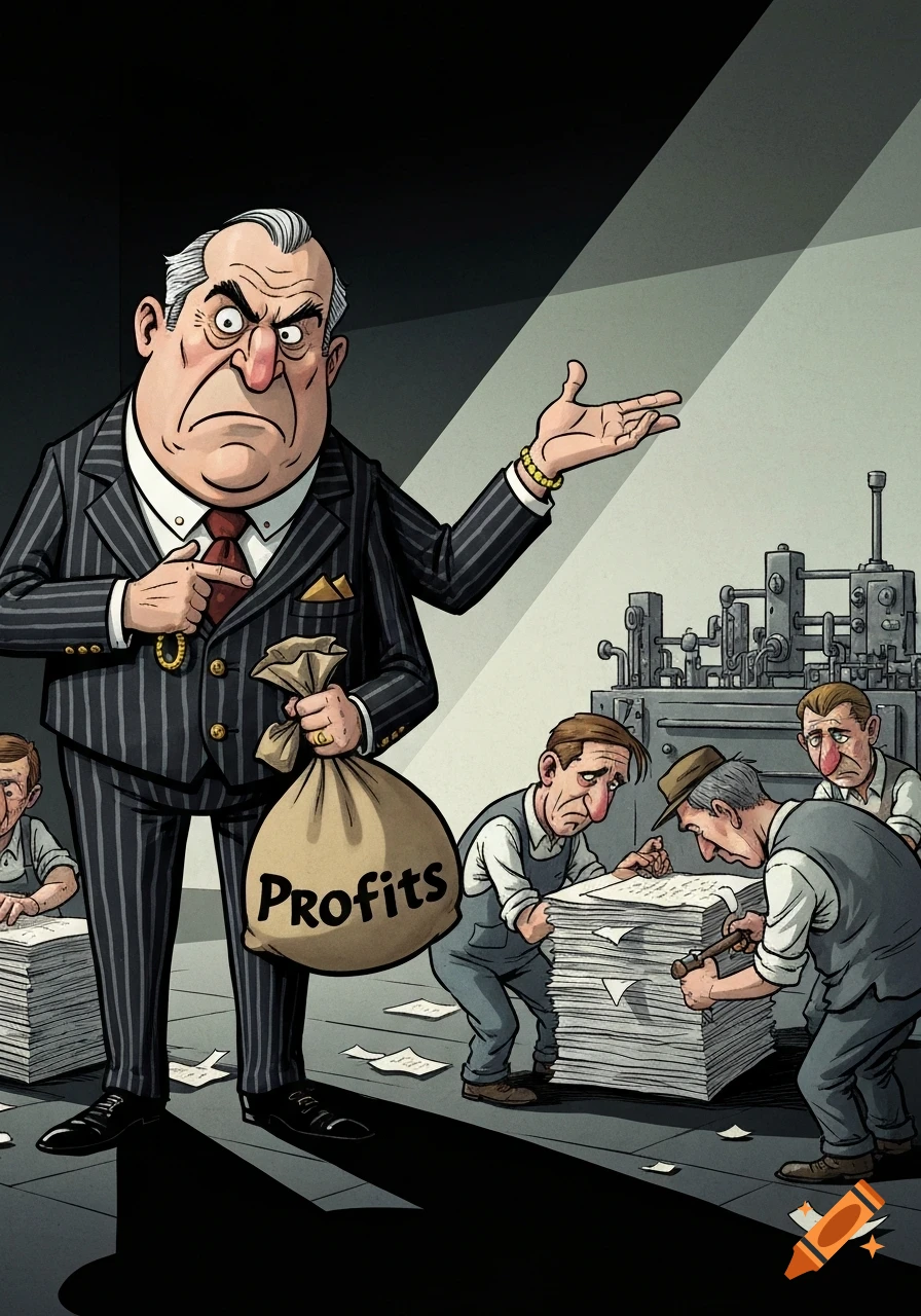 A political cartoon depicts a stern, wealthy businessman holding a bag labeled 'PROFITS', pointing at sad, overworked laborers in a dim factory.