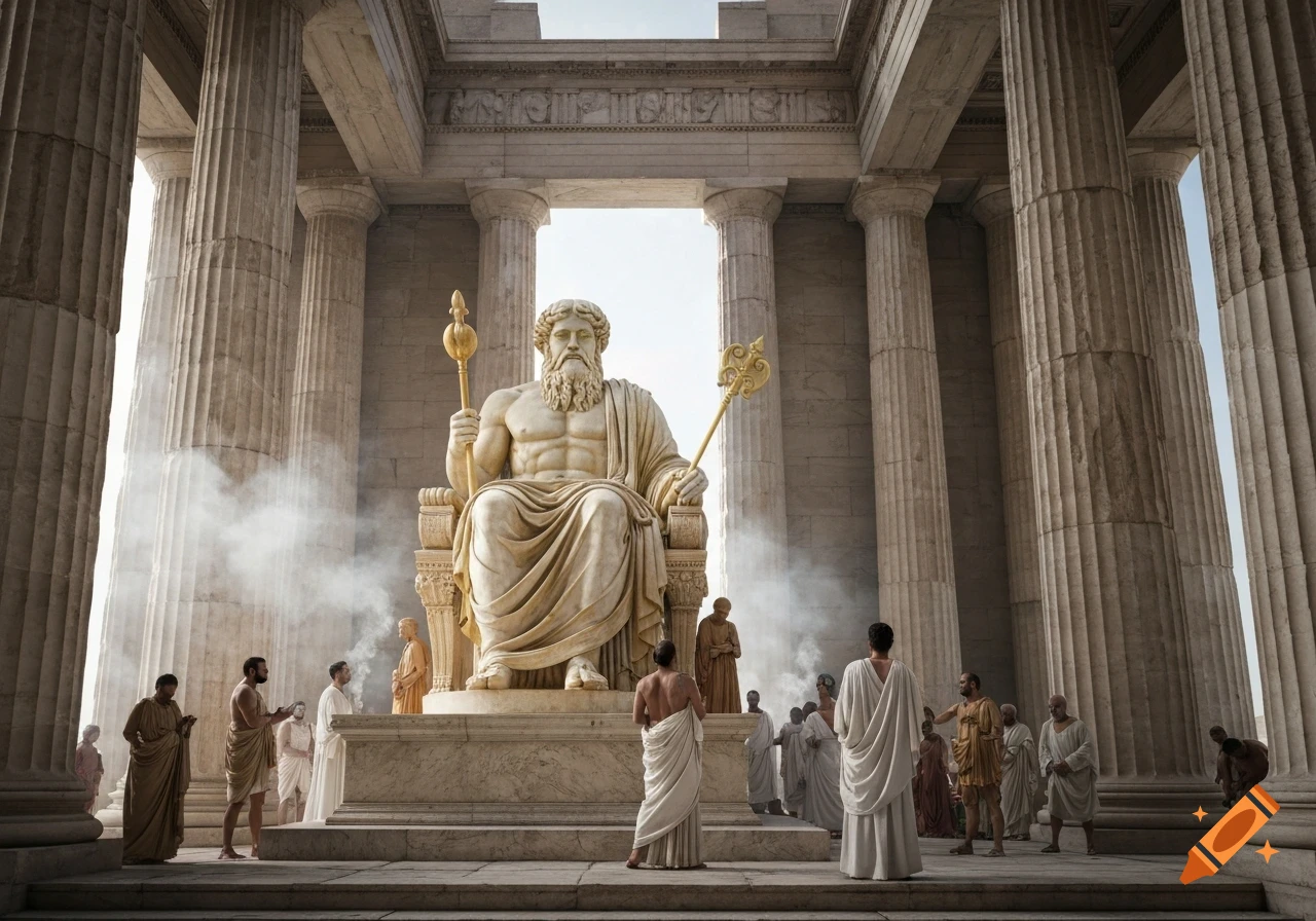 A photorealistic depiction of a colossal seated Zeus statue in a grand Greek temple, with worshippers and towering columns.