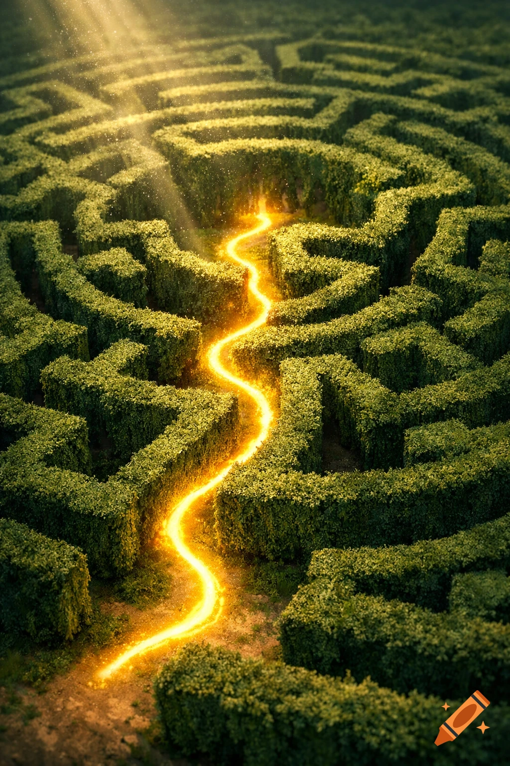 A top-down view of a lush green hedge maze with a winding, glowing golden path. Sunlight streams down into the maze.