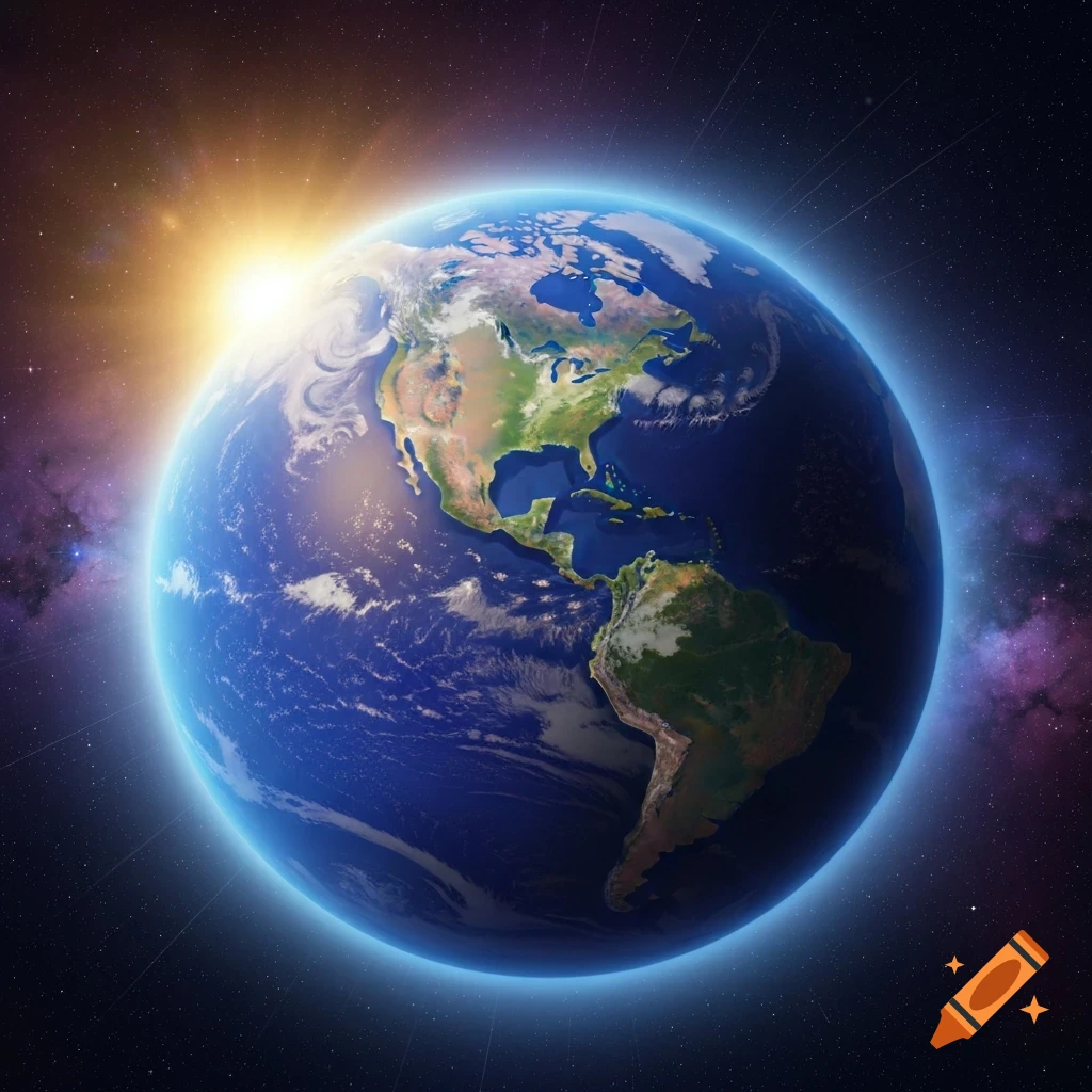 A vibrant photorealistic image of Earth from space with the sun rising over the horizon, illuminating North and South America.