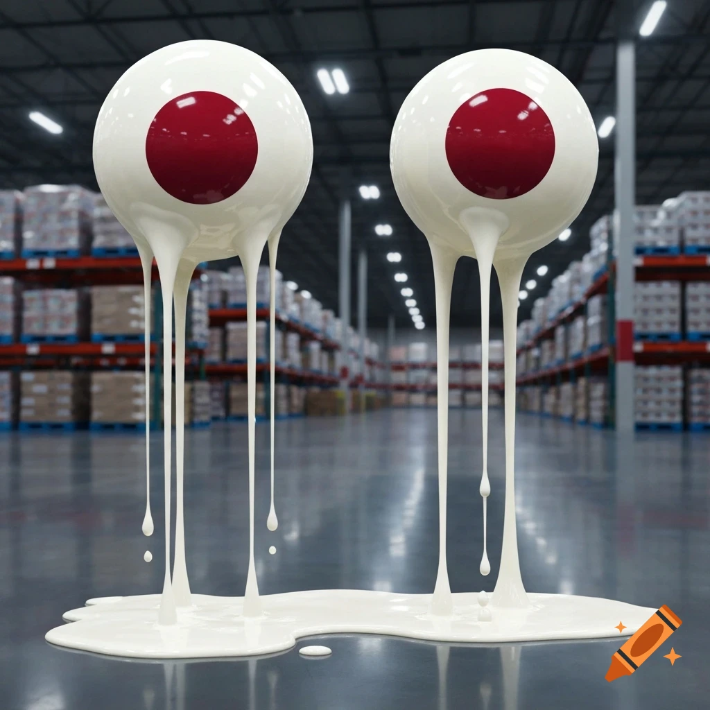 Two large white spheres with red centers drip milk onto a grey floor, creating pools in a warehouse.