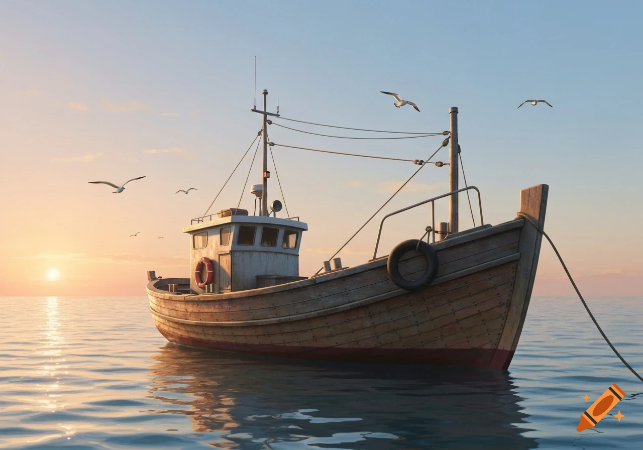 A wooden fishing boat floats on calm water at sunset, with seagulls flying against the orange and blue sky. Realistic style.