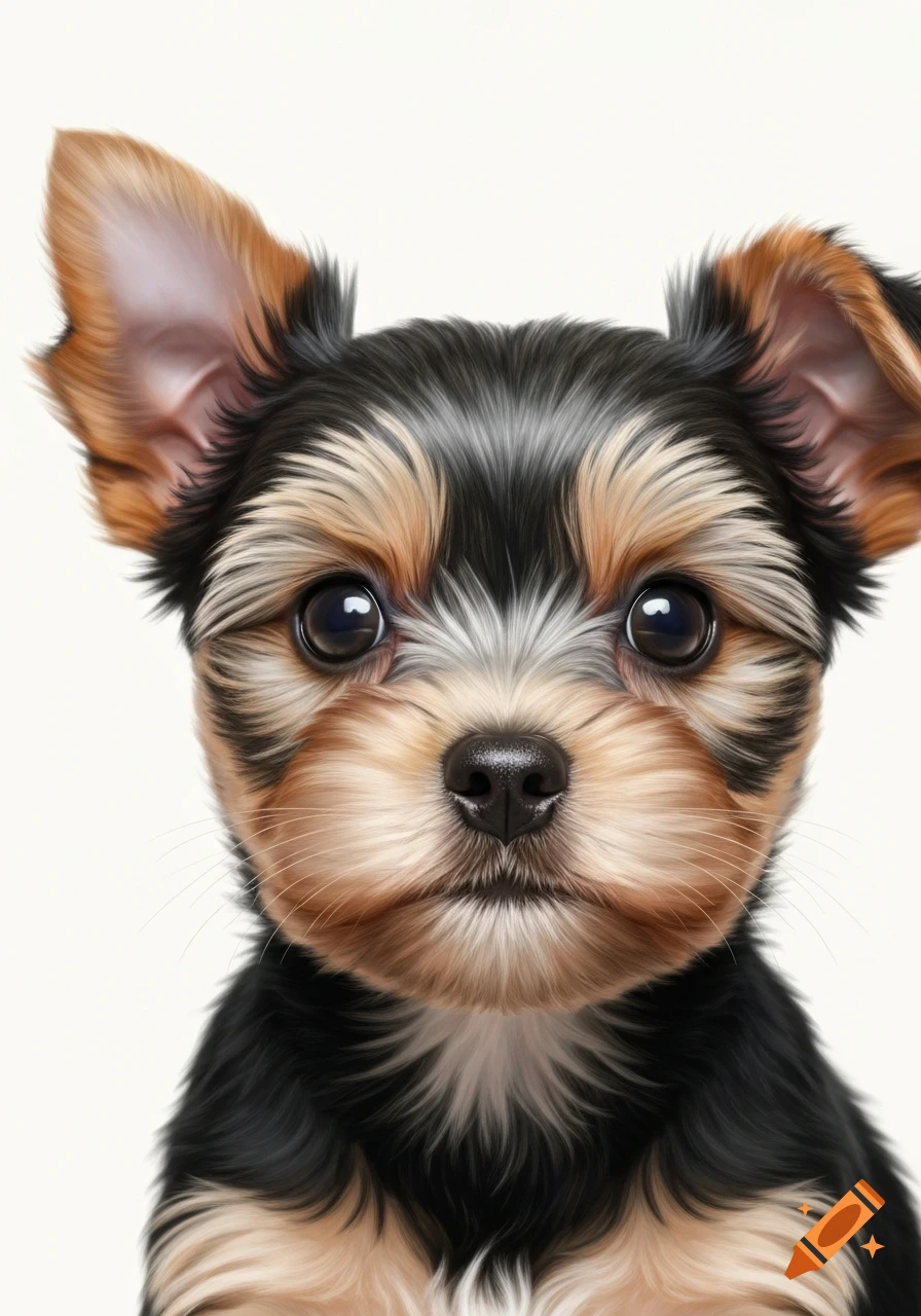 Close-up of a cute photorealistic Yorkshire Terrier puppy with big eyes and soft fur on a white background.