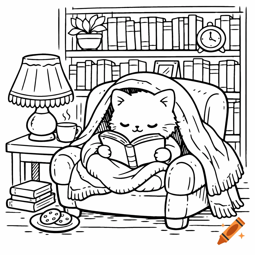 Black and white line art of a cute cat reading a book in a cozy armchair with a blanket, lamp, and bookshelves.