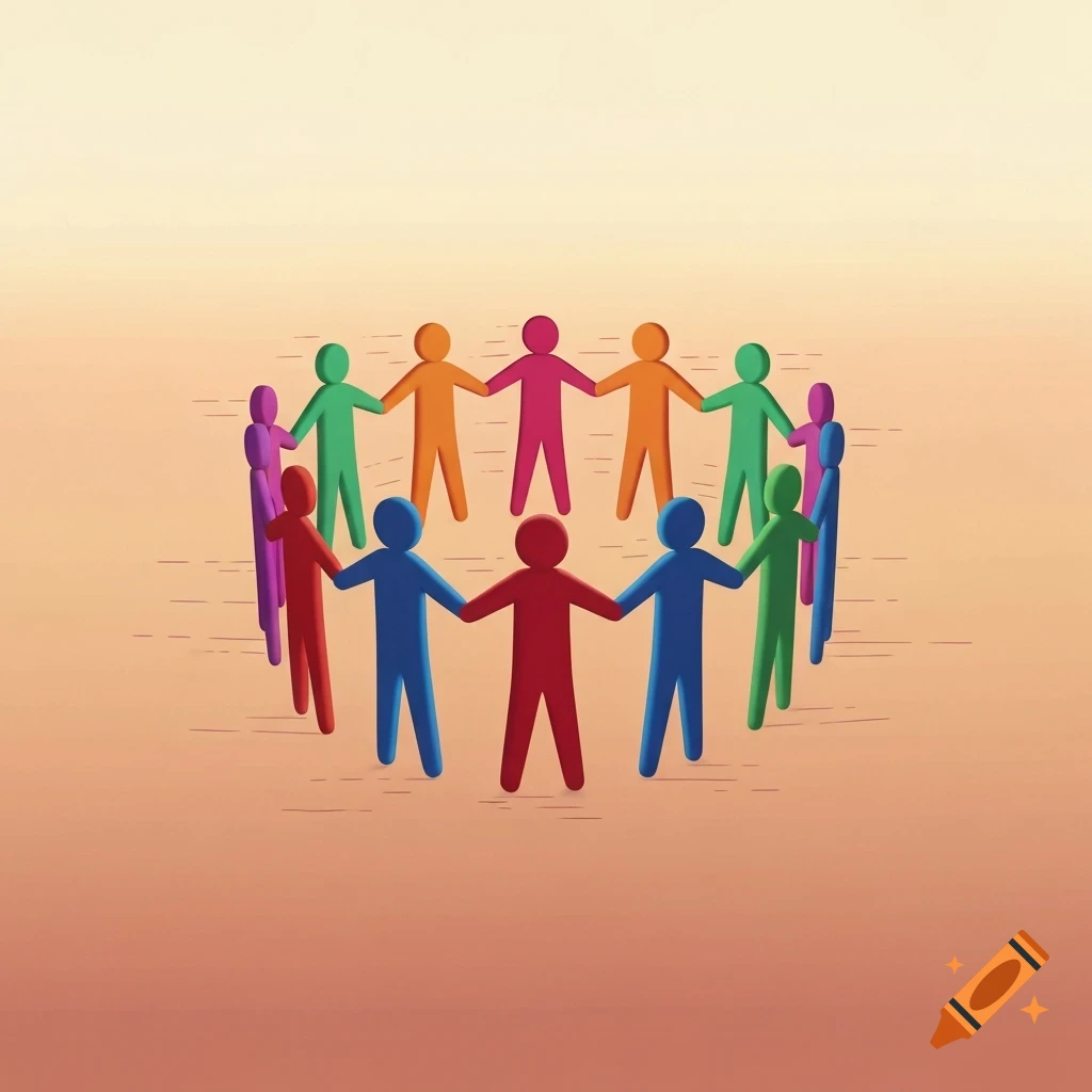 Colorful stick figures holding hands in a circle, symbolizing unity, on a gradient background.