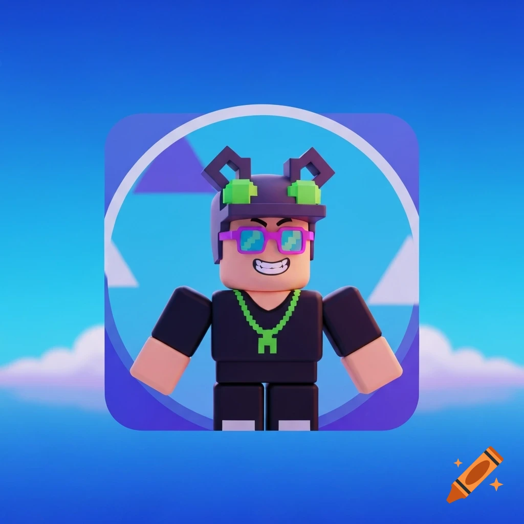A smiling, blocky Roblox-style character in a black outfit, pink sunglasses, and a dark hat with green ear-like details, wearing a green pixelated H-shaped necklace, set against a blue sky within a rounded frame.