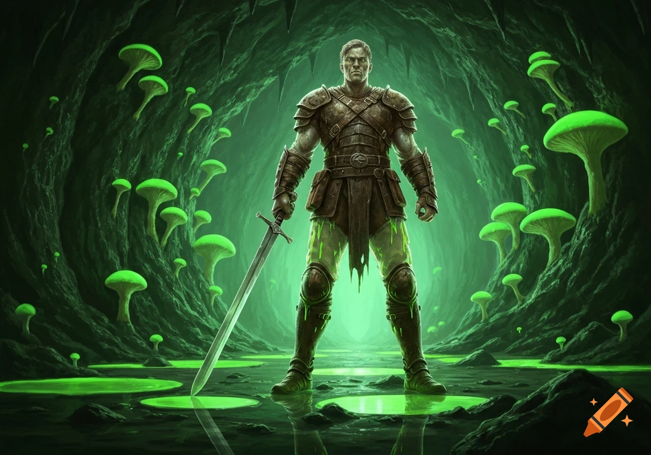 A warrior in leather armor with green slime on his legs holds a sword, standing in a dark, glowing green cave with phosphorescent mushrooms and slime pools.