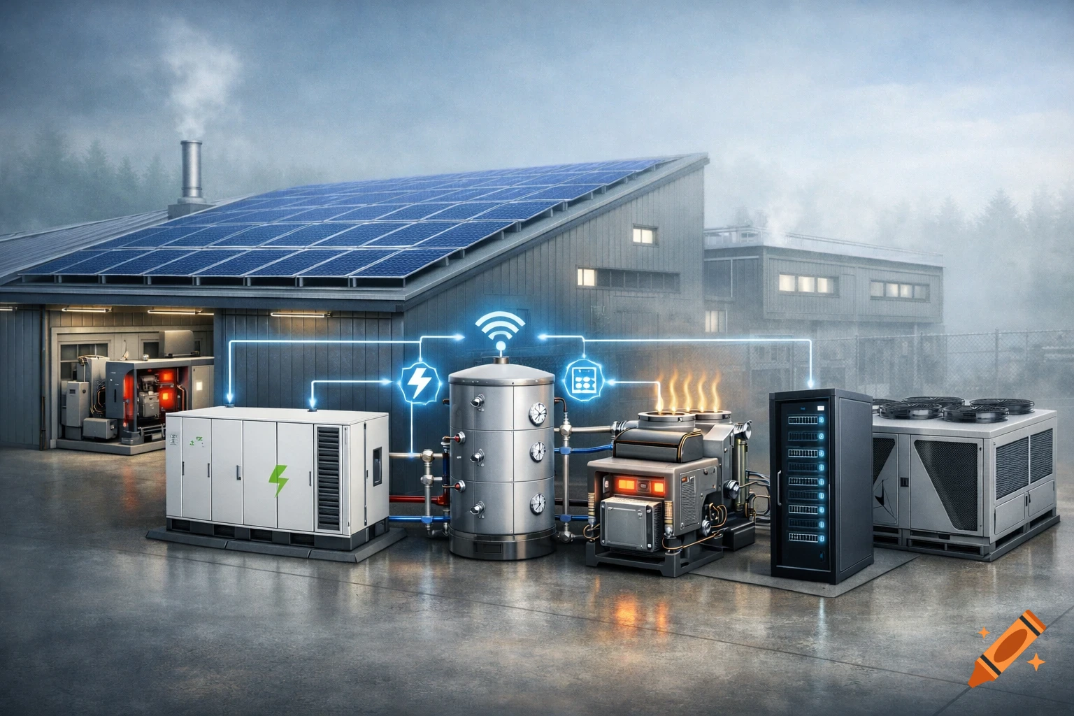 Photorealistic diagram of an energy system with solar panels on a building, various machines, and glowing connection lines.