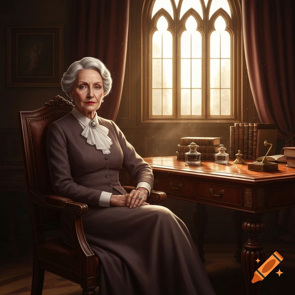 Elderly woman with white hair in a brown dress sits at a desk in a grand study with a gothic window, photorealistic style.