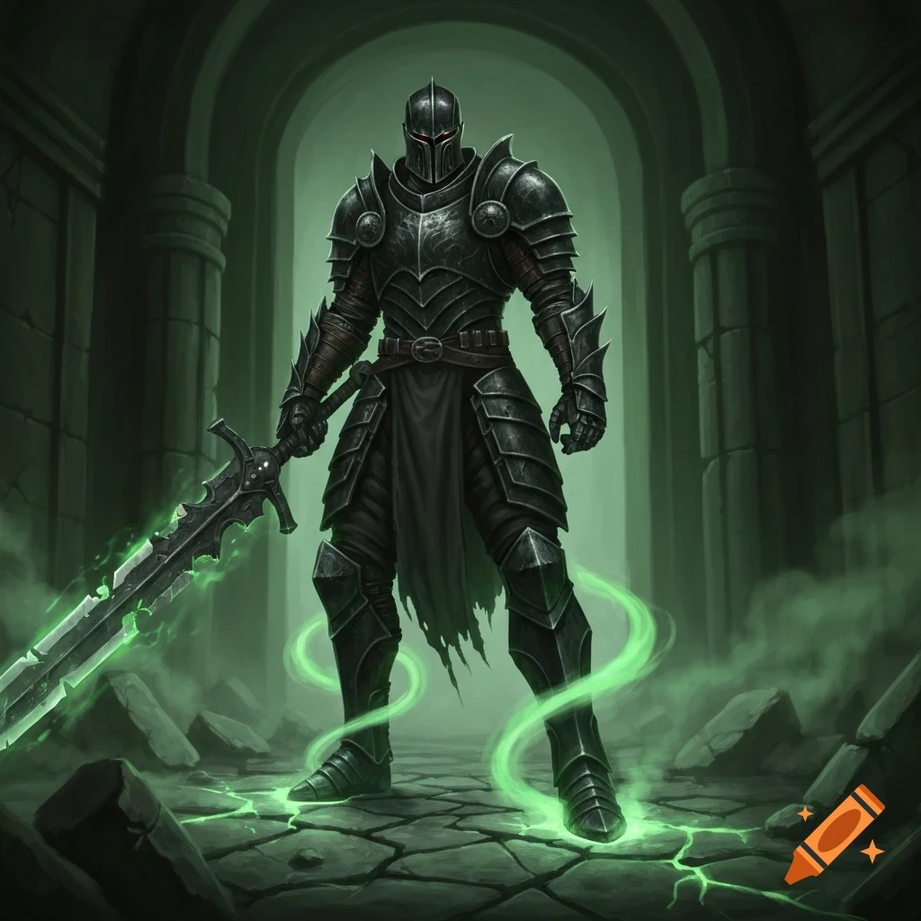 A fully armored dark knight with glowing red eyes stands in a ruined dungeon, holding a large sword emanating green energy.