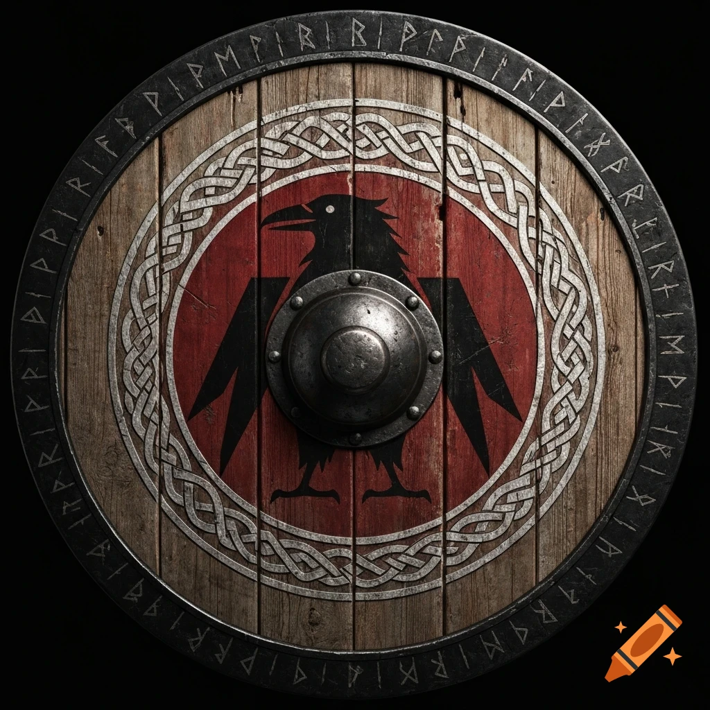 Realistic Viking round shield with a black raven on a red center, silver knotwork, and runes on a black rim.