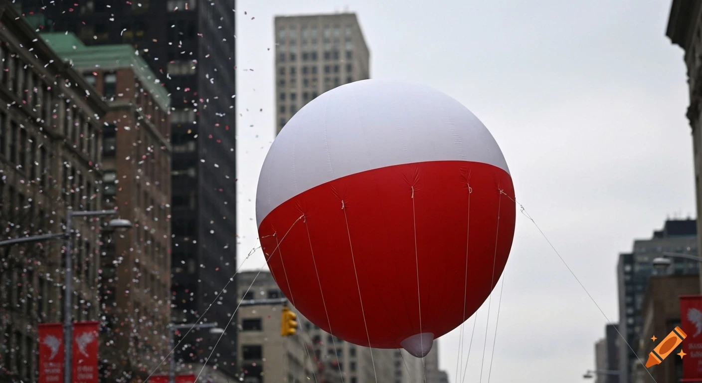 A large red and white spherical balloon floats above a city street with confetti falling and buildings in the background.