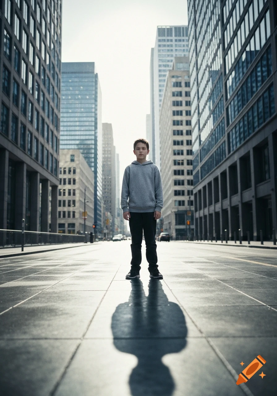 Photorealistic image of a school-aged boy standing centered in a modern city street among tall buildings.