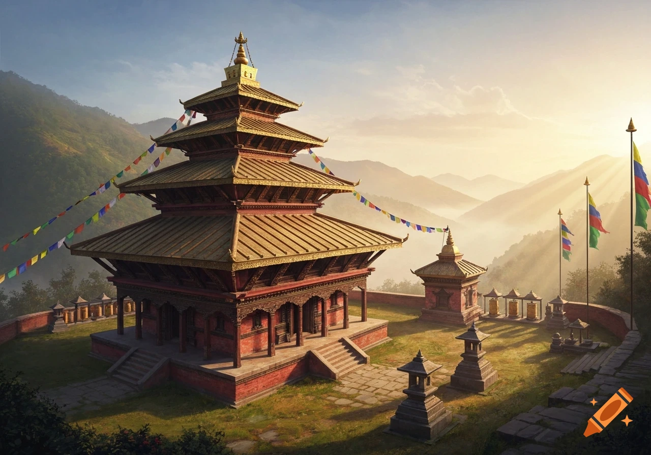 A grand tiered Nepali-style temple with prayer flags and smaller structures, set on a mountain overlooking a misty valley at sunrise.