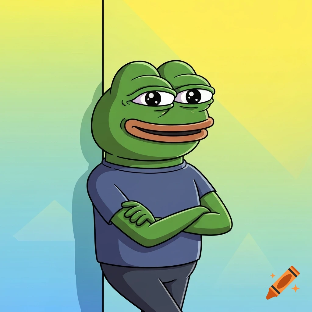 Cartoon illustration of Pepe the frog wearing a blue t-shirt, leaning against a yellow and blue wall.