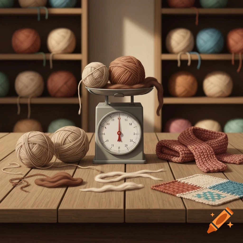 A cozy, realistic digital illustration showing yarn on a scale and scattered on a wooden table, with shelves of yarn in the background.