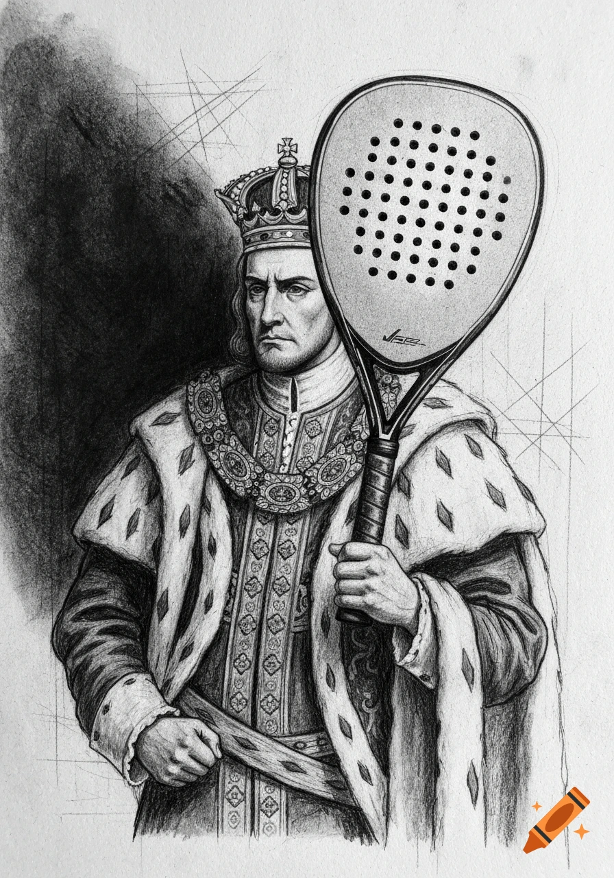 Sketch of a king in royal robes and a crown, holding a padel racket.
