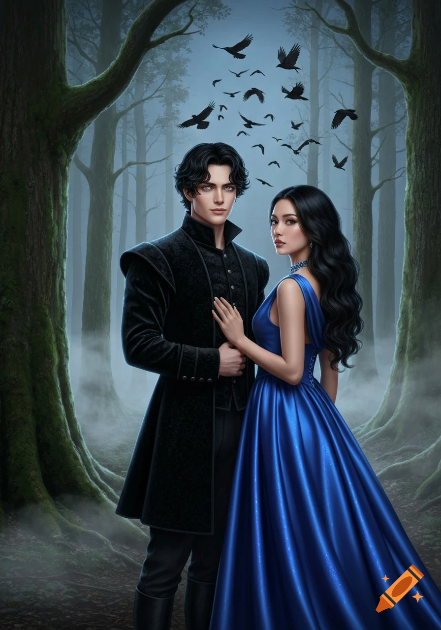 A man in a dark coat and a woman in a royal blue dress stand in a misty fantasy forest with ravens flying overhead.