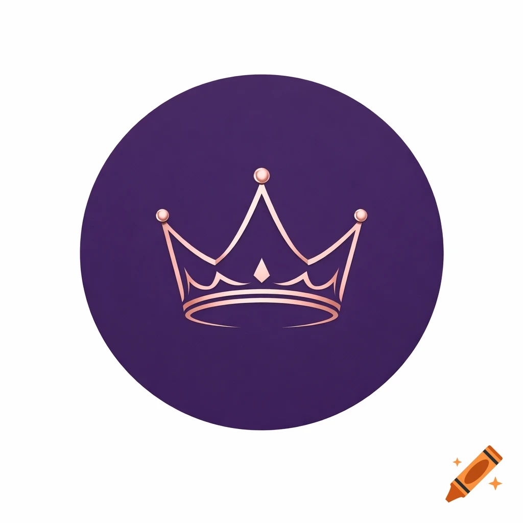 A minimalist rose gold crown logo on a deep purple circle.