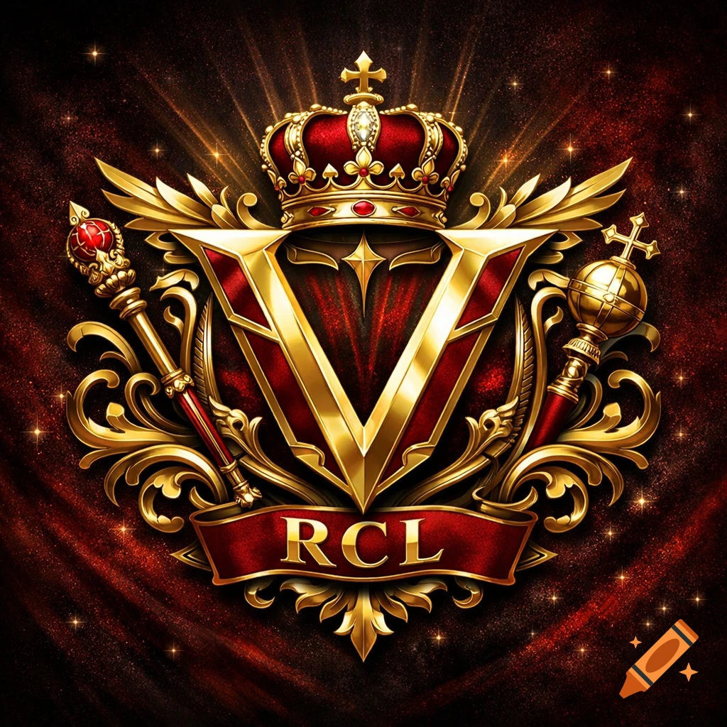 A majestic gold and red imperial logo featuring a crown, a prominent 'V', scepters, ornate flourishes, and 'RCL' on a banner, glowing against a dark red background.