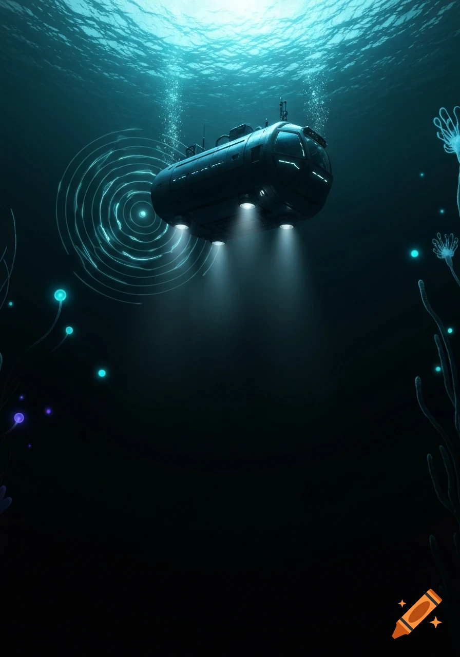 A submarine with spotlights descends into dark water, emitting blue sonar waves near glowing deep-sea plants.