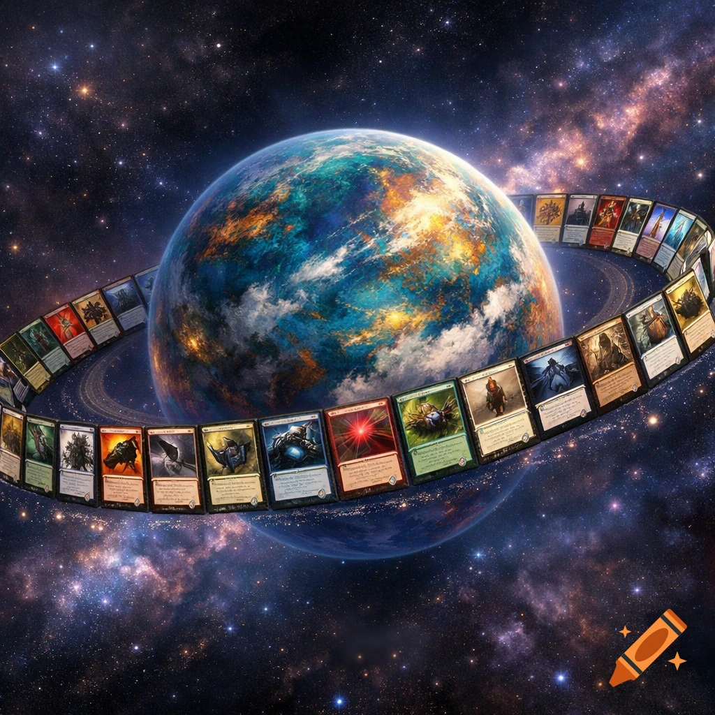 A vibrant planet with rings made of numerous fantasy trading cards, set against a backdrop of a starry galaxy.
